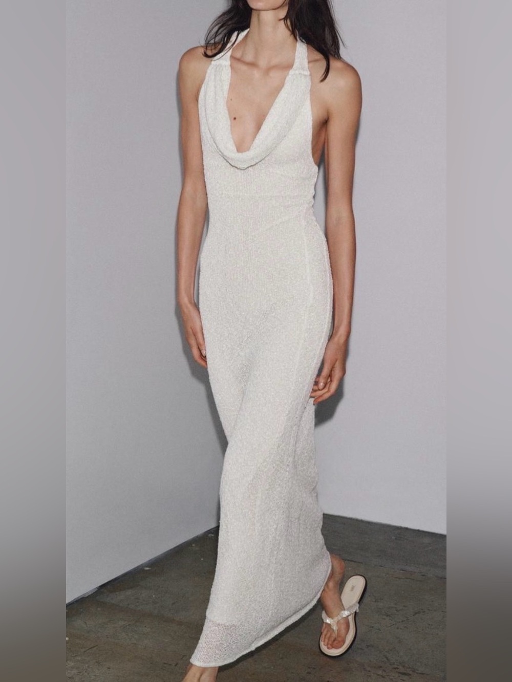 Zara White Cowl-Neck Maxi Dress